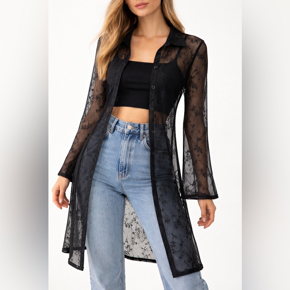 Vintage Sheer Black Floral Mesh Sparkle Duster Top with Bell Sleeves | XS/S - Picture 11 of 11